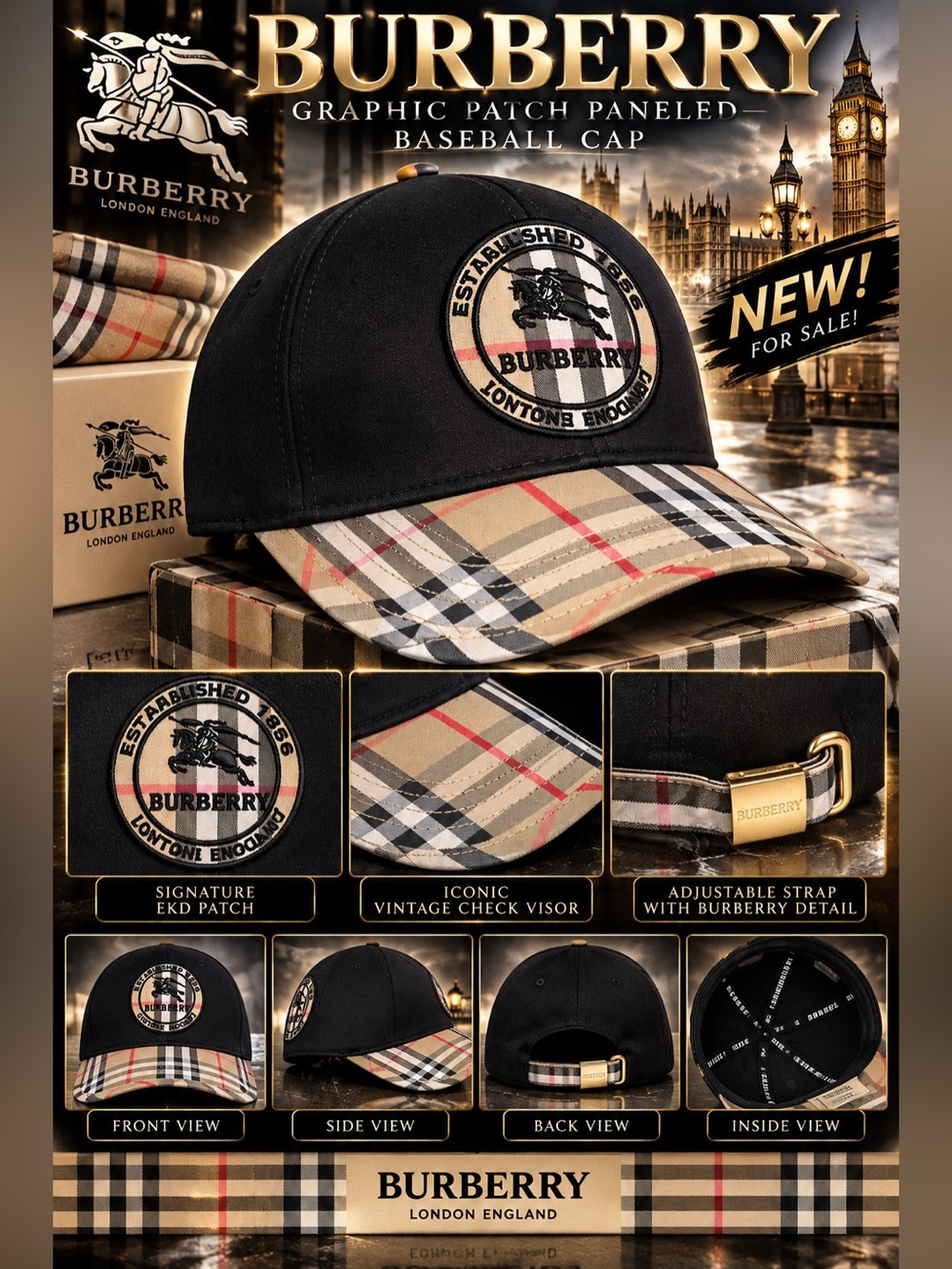 Burberry graphic patch paneled baseball cap featuring a solid black crown🔥New!
